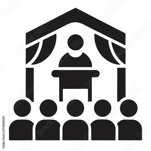 Stage presentation engaging audience with powerful visuals black vector on white background.