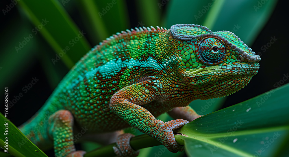 Obraz premium A vibrant panther chameleon perched on a lush green leaf, showcasing its intricate patterns and colors