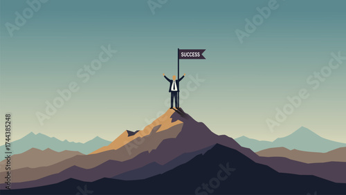Businessman reaching mountain peak with success flag illustration