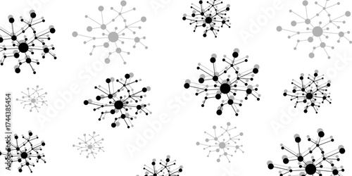 Top and down borders with molecules, data or other tech structure elements. Black vector template with flu signs. Molecule DNA. Vector Illustration.
