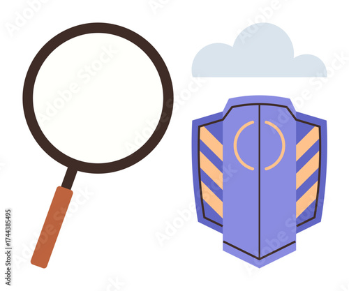 Magnifying glass examining security shield under a cloud. Ideal for cybersecurity, data protection, threat analysis, secure cloud storage, privacy, risk management, simple flat metaphor