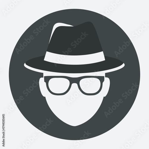 Anonymous figure wearing a fedora hat and sunglasses in a circle, Stylized, minimalist illustration of a mysterious in a fedora hat, sunglasses, and trench coat, representing espionage or anonymity.