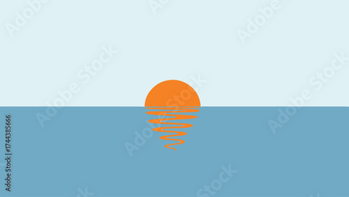 Minimalist ocean sunset with orange sun and blue water