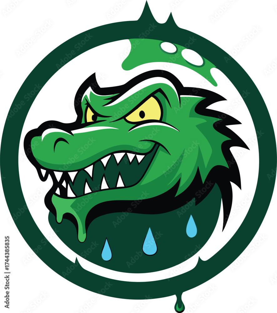 Obraz premium Fierce green alligator head with spiky green border and water droplets