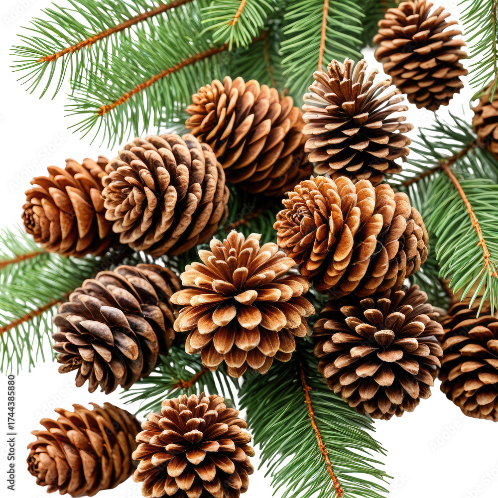 Fototapeta premium Close-up of pine cones with green fir branches