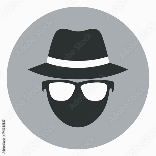 Anonymous figure wearing a fedora hat and sunglasses in a circle, Stylized, minimalist illustration of a mysterious in a fedora hat, sunglasses, and trench coat, representing espionage or anonymity.