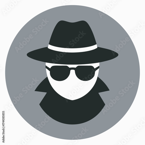 Anonymous figure wearing a fedora hat and sunglasses in a circle, Stylized, minimalist illustration of a mysterious in a fedora hat, sunglasses, and trench coat, representing espionage or anonymity.