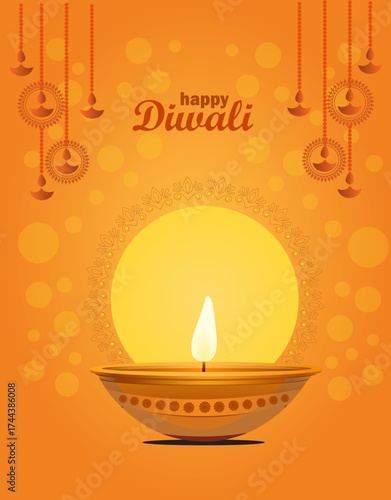 Diwali celebration festival of light, Diwali lamp with mandala backdrop, orange Diwali background