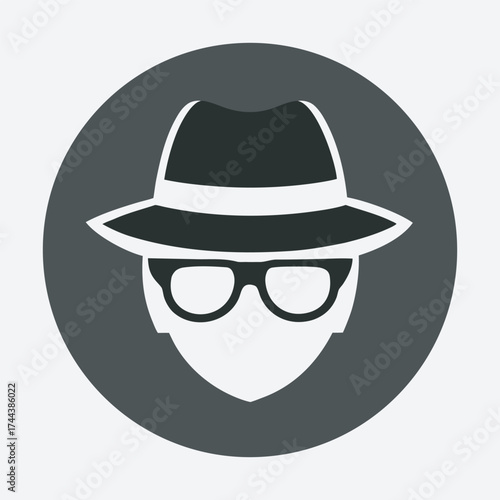 Anonymous figure wearing a fedora hat and sunglasses in a circle, Stylized, minimalist illustration of a mysterious in a fedora hat, sunglasses, and trench coat, representing espionage or anonymity.