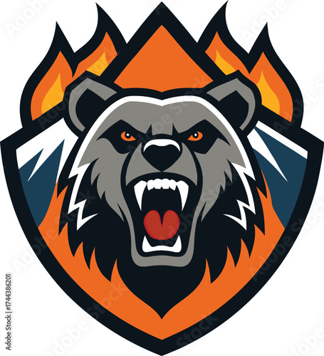 Fierce grizzly bear emblem with flames and mountains