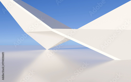 Abstract futuristic architecture, 3d rendering. 3d illustration. Empty building structure with geometric structure. white abstract futuristic architecture on a flat floor, with sky background.