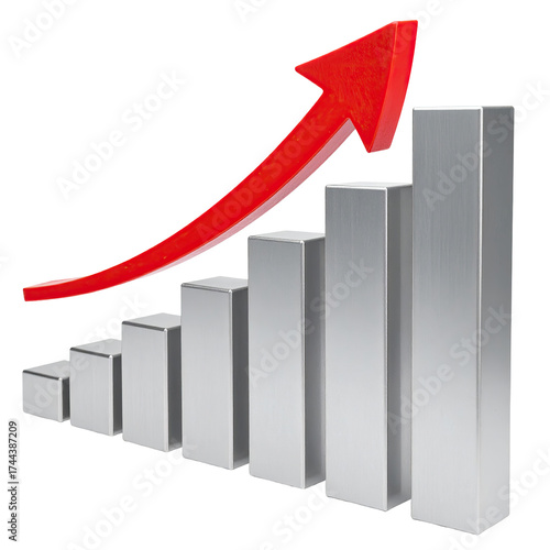 Free Download Metallic bar graph shows upward trend with a bright red arrow pointing upwards - GFXLoad