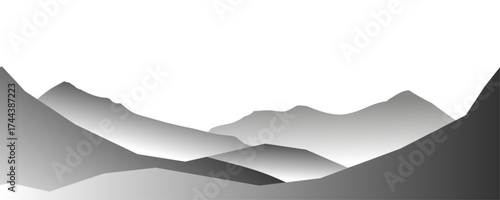 Abstract mountain landscape. Monochromatic mountain range vector illustration with varying shades of gray, set against a white sky.