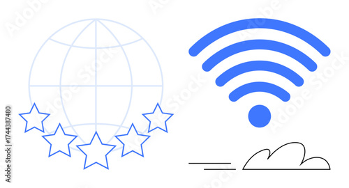 Globe with five stars alongside a wireless signal and cloud line, symbolizing global connectivity and network reliability. Ideal for technology, communication, internet speed, quality, user