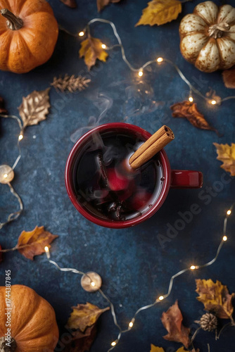 Warm spiced drink in a red mug surrounded by autumn decorations and lights