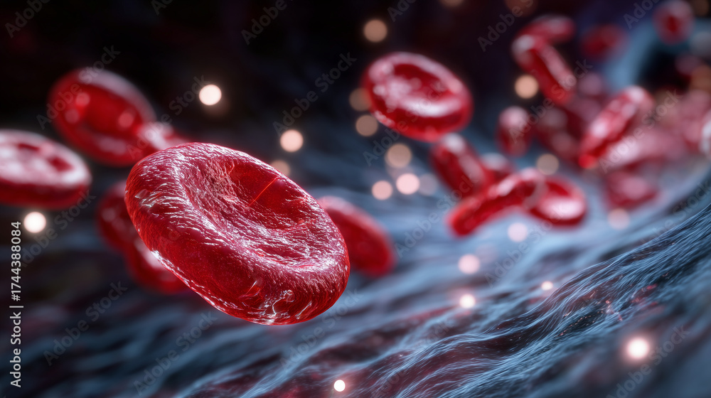 Fototapeta premium Red blood cells in motion through a tubular artery, illuminated with soft light reflections emphasizing round shape and 3D depth