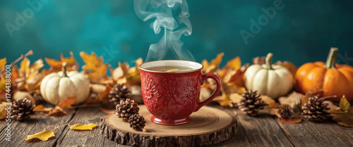 Warm cup of tea surrounded by autumn leaves and cozy decorations in a rustic setting