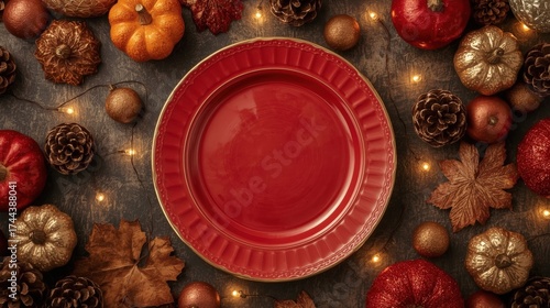 Festive table setting with a red plate surrounded by autumn decorations and warm lights