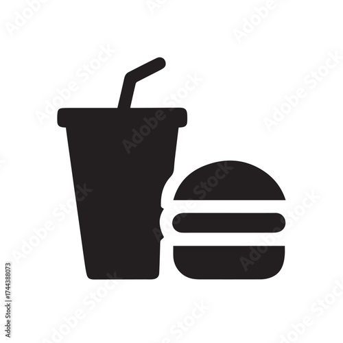 Illustration of a fast food meal isolated on white background, featuring a burger and a drink with a straw, perfect for representing quick dining and convenience