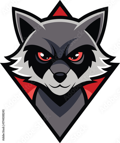 Fierce raccoon mascot with intense red eyes and geometric design