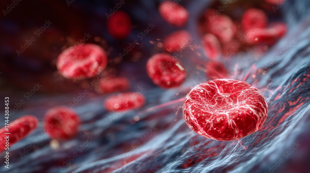 Fototapeta premium Visualization of red blood cells gliding through blood vessel, slight motion blur to show flow speed, educational medical illustration style