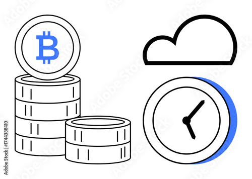 Bitcoin coin stacks, analog clock, and cloud outline representing cryptocurrency, blockchain technology, time management, financial operations, digital security, cloud computing, and innovation