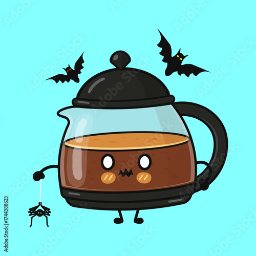Coffee pot character celebrating spooky Halloween with spider and bats