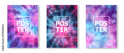 Vector tie dye poster set with vibrant abstract backgrounds in blue, pink and purple shades, modern gradient texture design, colorful psychedelic pattern art for creative presentation, graphic layout