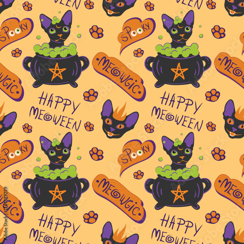 A festive pattern with Halloween cats. A crowned vampire and a witch's cauldron with an acidic green brew and letterings. Happy Halloween! Hand-drawn vector background for banners and packaging.