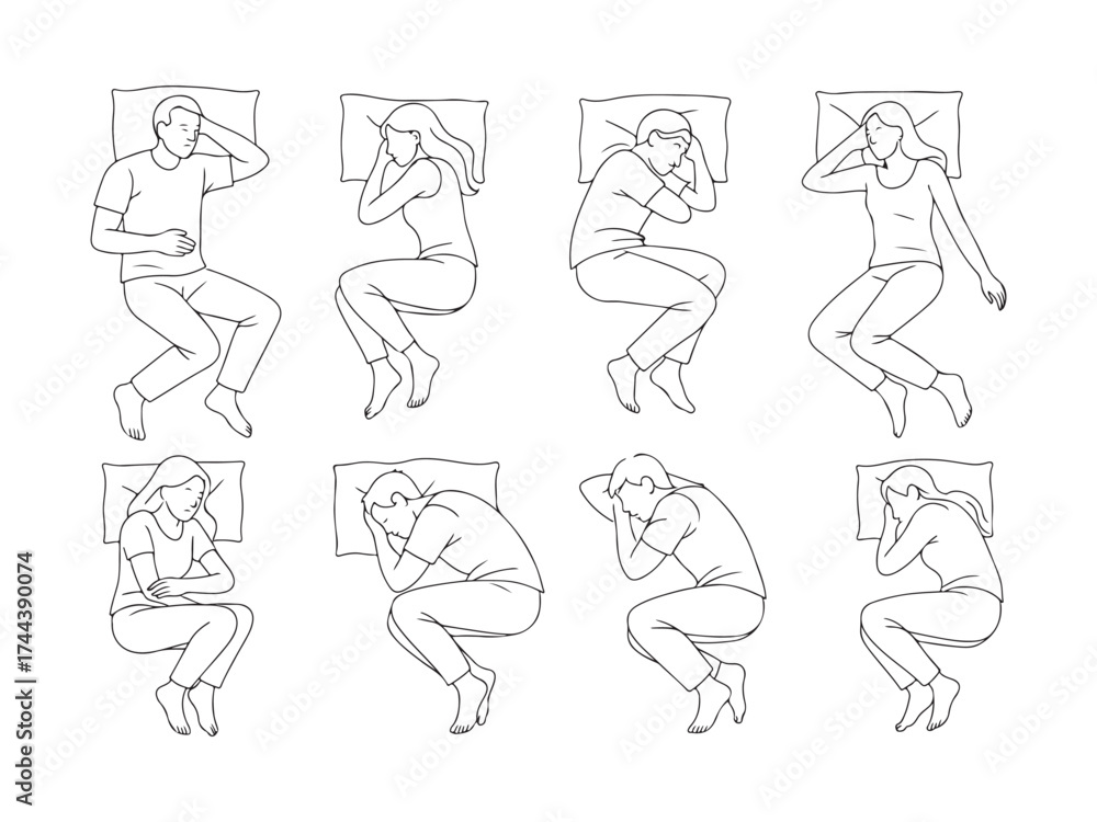 Fototapeta premium Line Drawing of Man and Woman in Bed Sleeping Posture