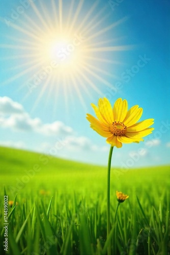 Sunlit Yellow Flower in Lush Green Field Joyful, Carefree Summer Scene