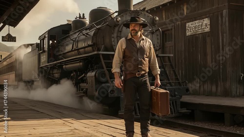 A cowboy is patiently waiting by a steam train at an old western station