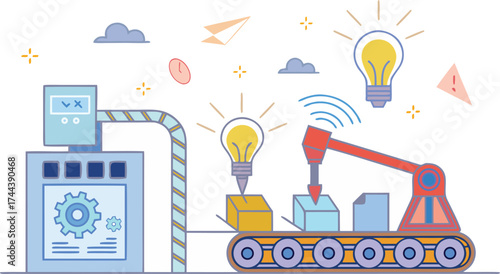 Innovation Factory Machine Producing Glowing Ideas and Icons