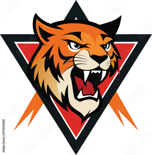 Fierce tiger head roaring within a starburst triangle emblem