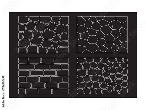 CAD Drawings. Stone wall pattern for landscape, outdoor and park, Abstract Brick and Pebble Pattern Set | Minimal Line Art Texture