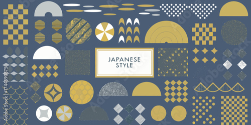 Collection of japanese traditional patterns and geometric shapes in gold white and grey on blue background