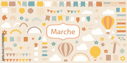 Collection of cute pastel colored graphic elements for party decorations and invitations