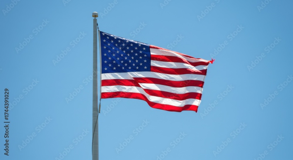 Fototapeta premium American flag waving in the wind against a clear blue sky on a sunny day