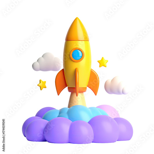 A cartoon rocket blasts off, surrounded by clouds and stars on a black background
