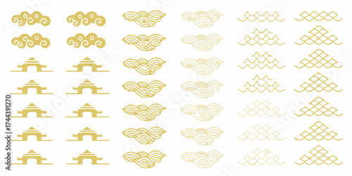 Collection of traditional asian decorative elements featuring clouds gates and geometric patterns in gold