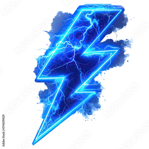 Electric blue lightning bolt surrounded by vaporous, cloudy effects against a black background