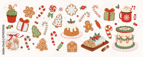 Set of traditional Christmas sweets. Cute hand drawn gingerbread cookies, candy cane, cake, cupcake, Stollen. Vector retro clipart collection for greeting card, poster, holiday decor