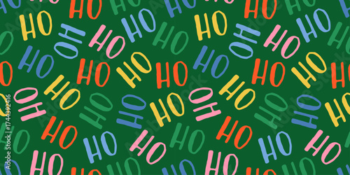 Seamless Christmas pattern with repeating ho ho ho text on a dark green background. Festive typography New Year design for wrapping paper, greeting cards, holiday projects, and seasonal xmas themes.