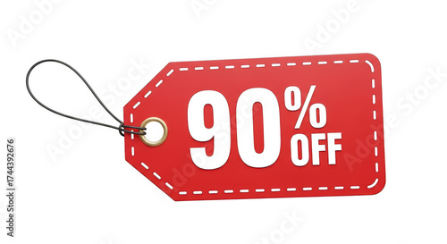 Red tag showing ninety percent off isolated on transparent background
