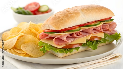 Delicious Ham and Cheese Sub Sandwich with Salad and Chips Lunch