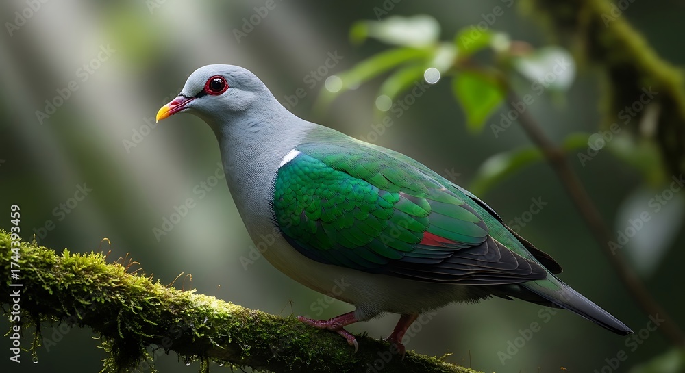 Fototapeta premium Emerald Dove Perched on Mossy Branch in Lush Rainforest.