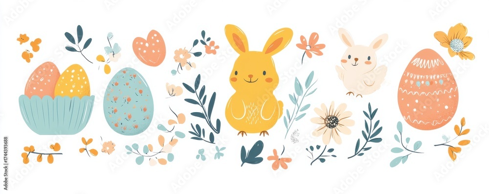 Fototapeta premium Decorative Easter Illustration Featuring Colorful Eggs, Rabbits, and Floral Elements