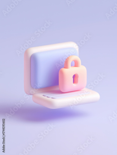 3D pastel security icon with computer and padlock. Cyber protection and online privacy concept in soft minimal style