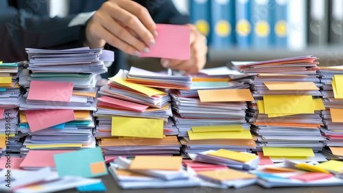 Office paperwork clutter document stack sticky note pile desk busy paper organization stress work report binder folder archive overwhelmed chaos