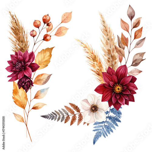 Two watercolor floral arrangements, autumnal tones, dark flowers, various leaves, pampas grass